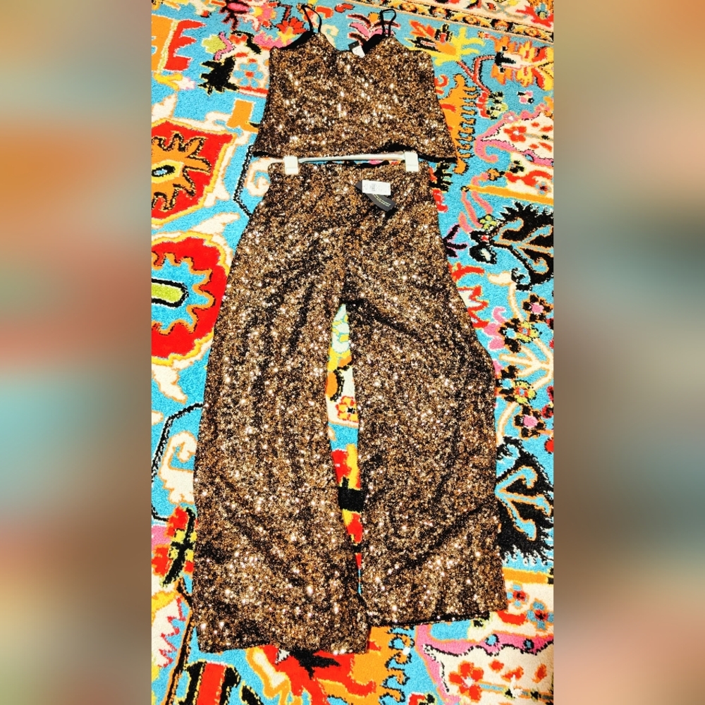 NWT 2-piece Banana Republic sequin gold tank set with wide leg pants szS and XS